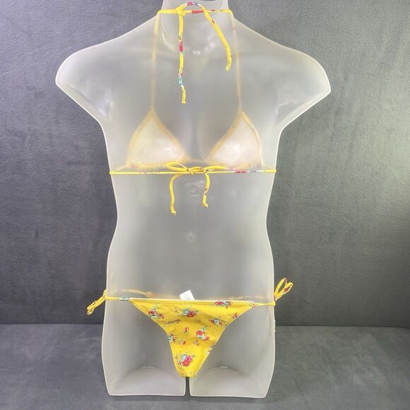 AGUA DOCE Brazilian 2-pc Bikini Size Small Yellow Flowers Lace Trim Hip Tie - Picture 6 of 9